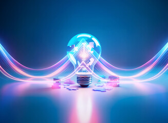 Wall Mural - double exposure art featuring a glowing light bulb merging with abstract shapes and vibrant lines. b