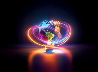 Wall Mural - a vibrant globe with luminous rings encircles it in a double exposure effect, set against a dark bac