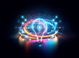 Wall Mural - a double exposure image shows a glowing lightbulb outlined with vibrant lines and nodes, suggesting 