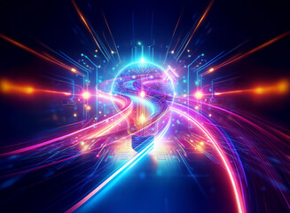 Wall Mural - vibrant double exposure abstract art with neon lights and dynamic lines. blue, pink, orange hues cre