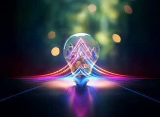 Wall Mural - glowing lightbulb with a double exposure effect showing abstract colorful shapes inside. neon light 