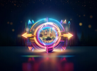 Wall Mural - futuristic abstract glowing double exposure art. circular shape with vibrant neon light and a city s