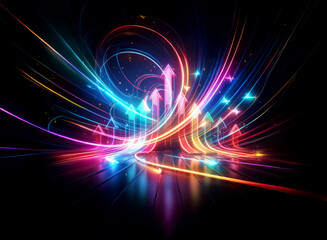 Wall Mural - a double exposure effect reveals vibrant light trails shaped like arrows pointing upward on a black 