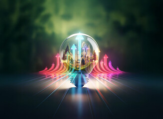 Poster - double exposure art merges a city within a lightbulb. colorful arrows project outwards, creating a v