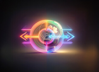 Wall Mural - neon double exposure art features a glowing light bulb silhouette with a brain inside. rainbow circl