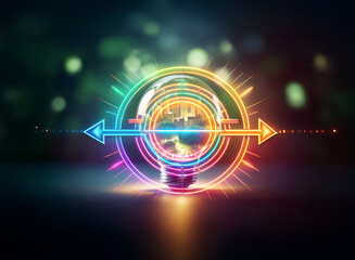 Wall Mural - vibrant double exposure abstract art featuring neon glowing circles and arrows in rainbow colors aga