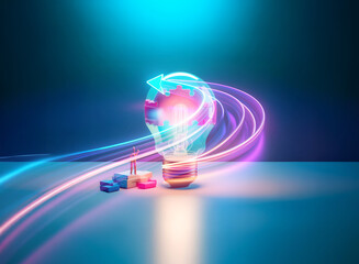 Wall Mural - abstract double exposure art featuring a lightbulb with swirling light trails. the vibrant blue and 