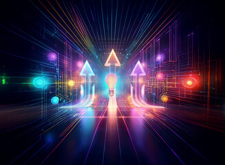 Wall Mural - vibrant neon arrows ascend with a central light bulb, in a double exposure style. perspective lines 
