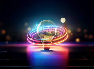 Wall Mural - a glowing lightbulb with a double exposure of nature landscape inside, encircled by vibrant neon rin