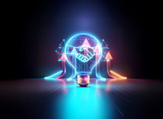 Wall Mural - neon lightbulb with a handshake inside, suggesting collaboration and ideas. arrows point upwards in 