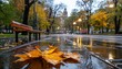 © Supanan - Embrace the serene beauty of a rainy park, where fallen golden leaves create a picturesque autumn scene Soft glow from distant streetlights paints the wet pavement with warmth, evoking a profound