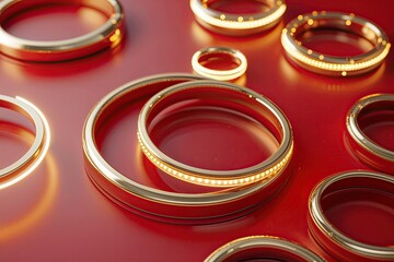 Wall Mural - golden light rings on red background with vibrant graphic design elements