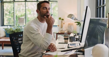 Wall Mural - computer, notebook and thinking with man in home office for remote work or startup business. adminis