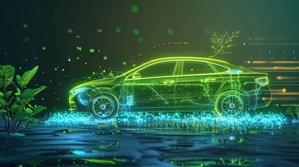 Poster - Concept of green hydrogen as a sustainable alternative fuel source illustrated through a futuristic vehicle powered by renewable energy