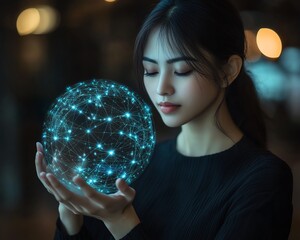 Aufkleber - Woman holding a virtual globe with global internet connections