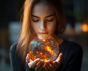 Aufkleber - Woman holding a virtual globe with global internet connections