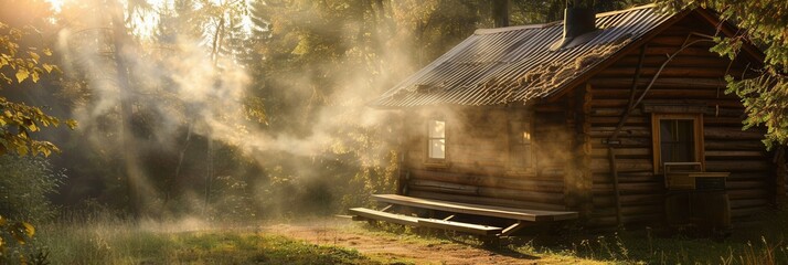 Aufkleber - Traditional Russian sauna with smoke rising from chimney surrounded by rustic nature in early morning light