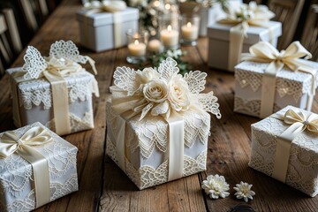 Elegant Three Dimensional Lace and Ivory Wedding Decor on Rustic Wooden Table for Romantic Celebration