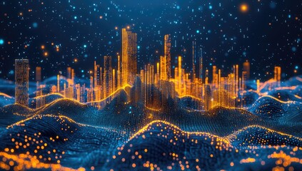 Poster - Abstract digital city on data waves