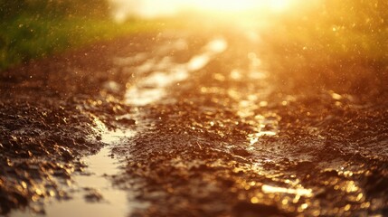 Wall Mural - muddy road with water puddles, backlit by golden sunlight. perfect for illustrating themes of nature