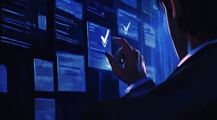 Aufkleber - Businessman interacting with a digital task management interface in a modern workspace : Generative AI