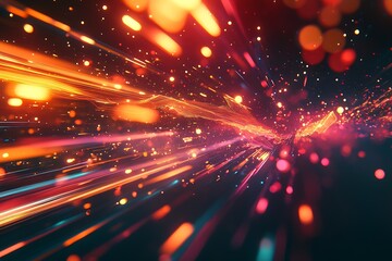 Leinwandbilder - Explosive burst of colorful light trails in bright orange and blue depicting energy flow and digital creativity : Generative AI
