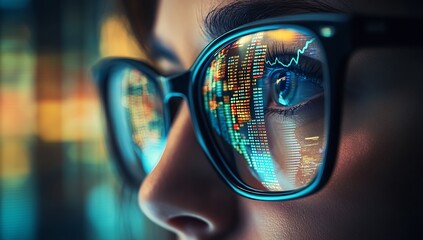 Aufkleber - Close-up view of a person wearing glasses with financial data reflecting in the lenses showcasing analytics and investment trends : Generative AI