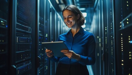 Leinwandbilder - Smiling woman using tablet to manage server infrastructure in a dark data center : Generative AI