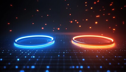 Aufkleber - Futuristic digital landscape featuring glowing blue and orange rings on a textured dark background : Generative AI