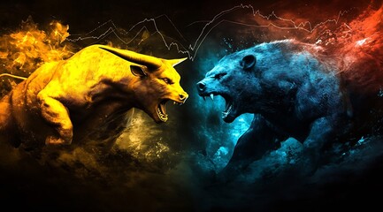 Aufkleber - Striking digital artwork showing a bull and bear facing each other amidst swirling colors and market graphs : Generative AI