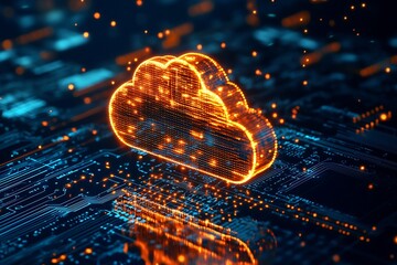 Fototapete - Stylized cloud symbol illuminated on digital circuit board depicts modern cloud computing and digital infrastructure : Generative AI