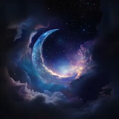 Wall Mural - 08030846 05 Surreal cosmic composition, full moon merging into a crescent moon, vibrant galaxy hues, nebula clouds, constellations radiating soft light.