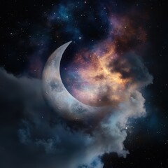 Wall Mural - 08030846 05 surreal cosmic composition, full moon merging into a crescent moon, vibrant galaxy hues,