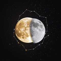 mesmerizing celestial duality, glowing golden full moon and silvery crescent moon, artistic constell