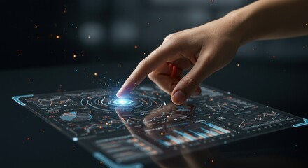 a close-up of a hand interacting with a holographic digital interface displaying data analytics, gra