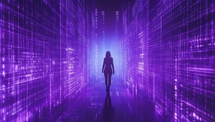 Aufkleber - Silhouette of a person walking through a glowing path of binary code in an immersive purple-lit environment : Generative AI