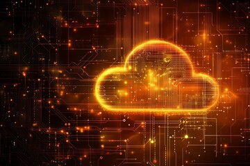 Poster - Modern digital cloud technology illustration with vibrant orange lights and circuit patterns : Generative AI