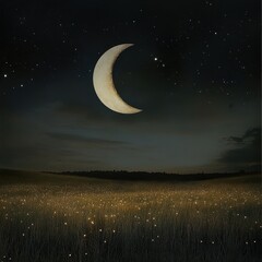 Wall Mural - Celestial dreamscape, whimsical full moon and crescent moon floating above a surreal glowing meadow, soft constellation lights.