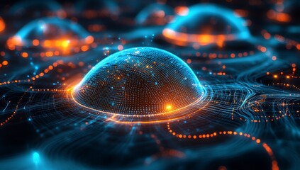 Fototapete - Futuristic digital landscape showcasing glowing dome shapes in a sea of blue and orange lights : Generative AI
