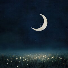 Wall Mural - Celestial dreamscape, whimsical full moon and crescent moon floating above a surreal glowing meadow, soft constellation lights.