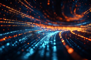 Leinwandbilder - Vibrant waves of blue and orange lights forming a futuristic digital pathway within a technology-driven environment : Generative AI