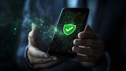 Poster - Modern smartphone displaying a secure green shield symbol over a digital data background : Generative AI