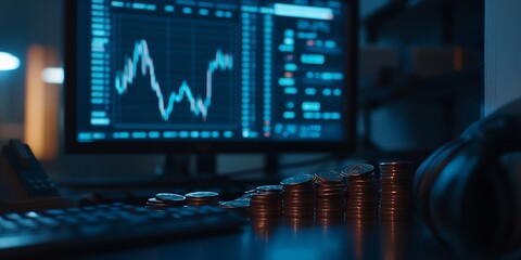 Aufkleber - Trading Screen Displaying Cryptocurrency Prices with Stacked Coins : Generative AI