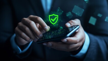 Fototapete - Close-up of hands using smartphone with digital shield and security check features : Generative AI