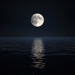 lunar reflections, hyper-realistic full moon and crescent moon above a calm, dark ocean, faint const