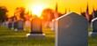 © ruslee - A serene sunset over a graveyard with rows of tombstones and flags, symbolizing remembrance and honoring the departed. A peaceful scene of reflection.