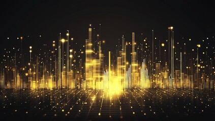 Leinwandbilder - Captivating digital landscape featuring glowing golden bars in a mesmerizing abstract city night scene : Generative AI