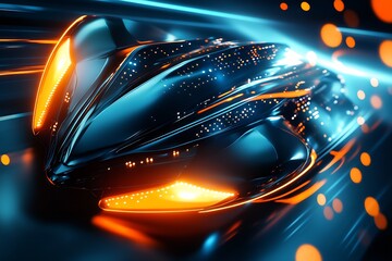 Poster - Sleek and shiny futuristic vehicle with glowing lights and motion blur effects : Generative AI