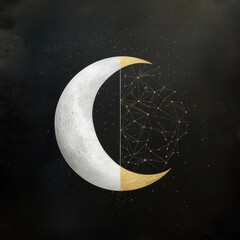 Wall Mural - elegant celestial symmetry, golden-hued full moon and silver crescent moon floating in cosmic harmon