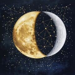 Wall Mural - elegant celestial symmetry, golden-hued full moon and silver crescent moon floating in cosmic harmon